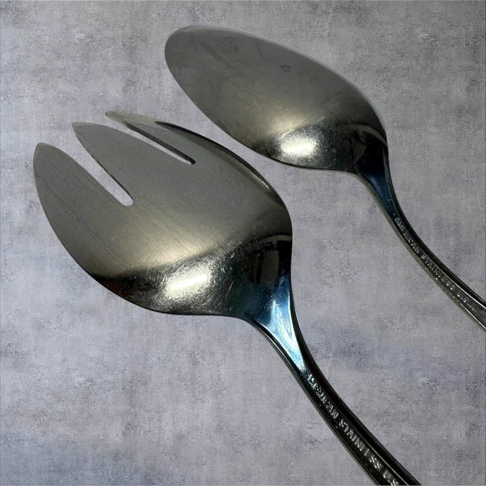American Stainless Salad Servers Set Silver Tone Mid Century Modern USA Made